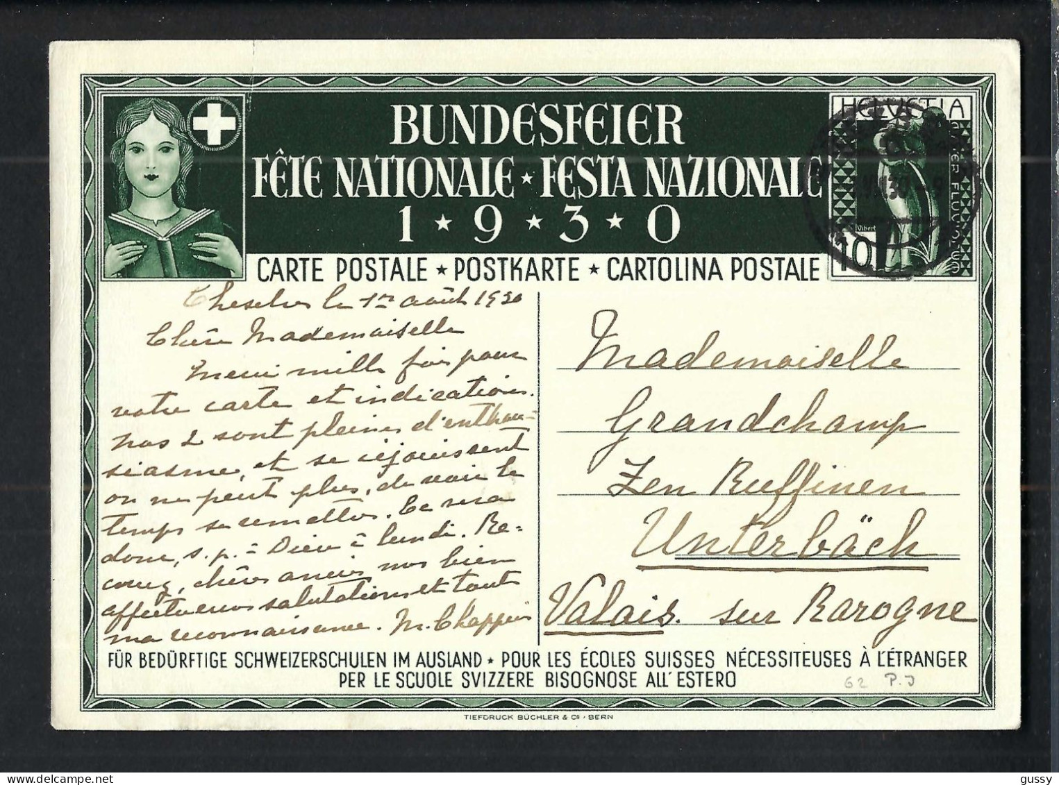 SUISSE Ca.1930: CP Ill. Entier De 10c De La Fête Nationale Suisse, Neuve - Entiers Postaux