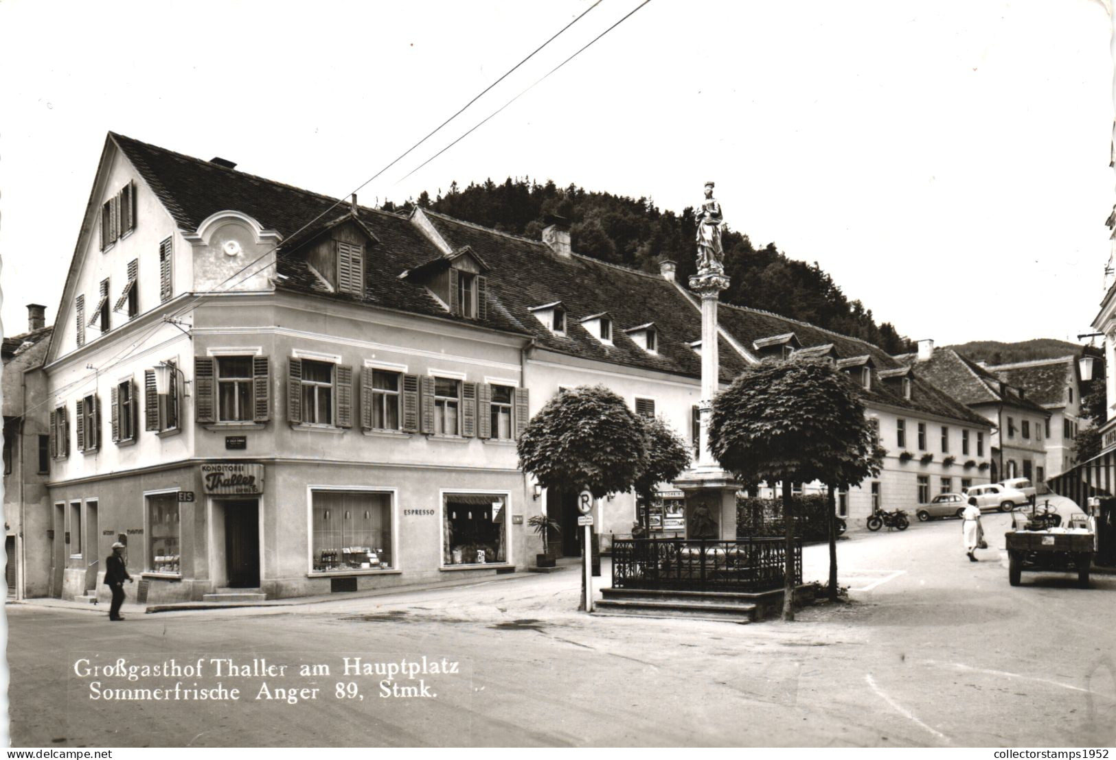 ANGER, STYRIA, THALLER PENSION, ARCHITECTURE, MONUMENT, STATUE, CARS, AUSTRIA, POSTCARD - Anger