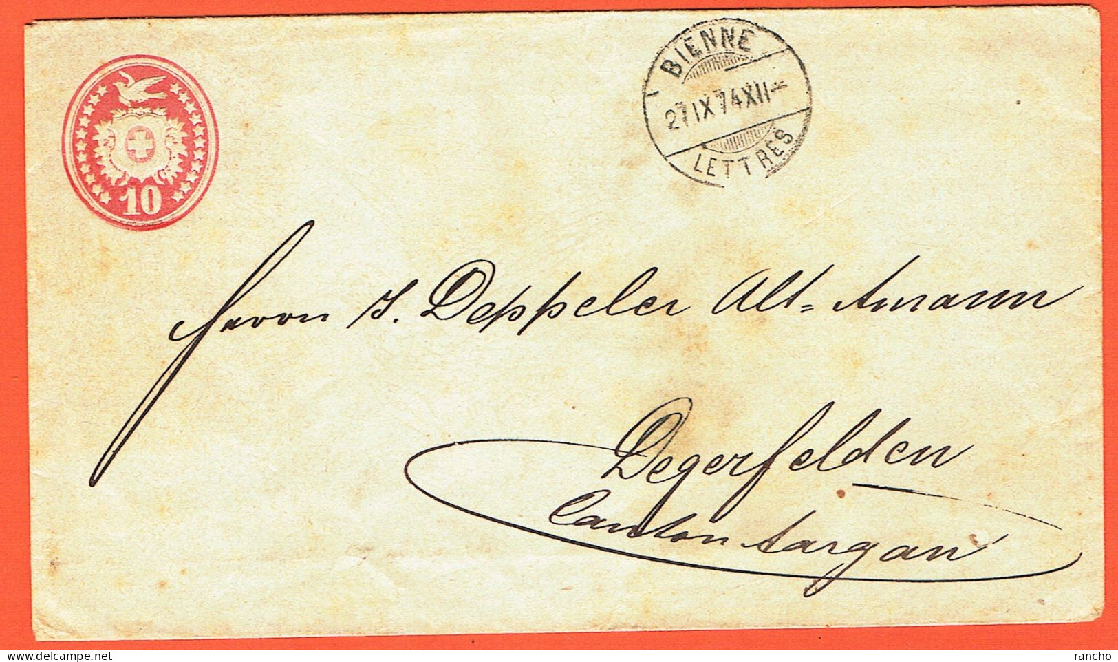 SUISSE . ENTIER POSTALE . 10Cts KARMIN . BIENNE .27.9.1874. Pour . KLINGRAU .27.9.1874. - Entiers Postaux