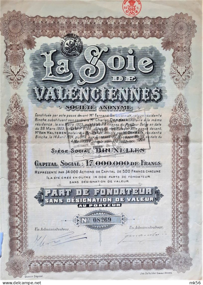 La Soie De Valenciennes - Part De Fondateur (1924) Bruxelles - Tessili