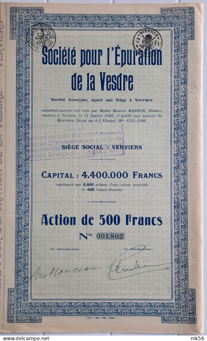 Société Pour Lépuration De La Vesdre - Verviers - 1929 - Action De 500 Francs - Agua