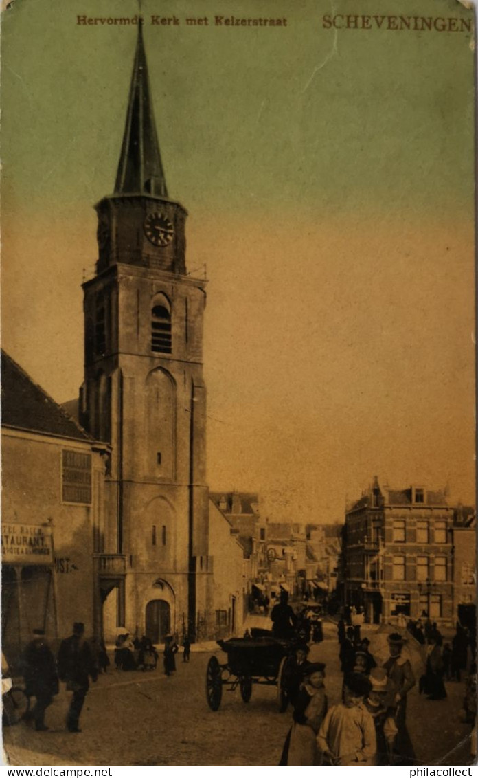 Scheveningen // Hervormde Kerk Met Keizerstraat (veel Volk) 1907randen Beetje Sleets - Scheveningen