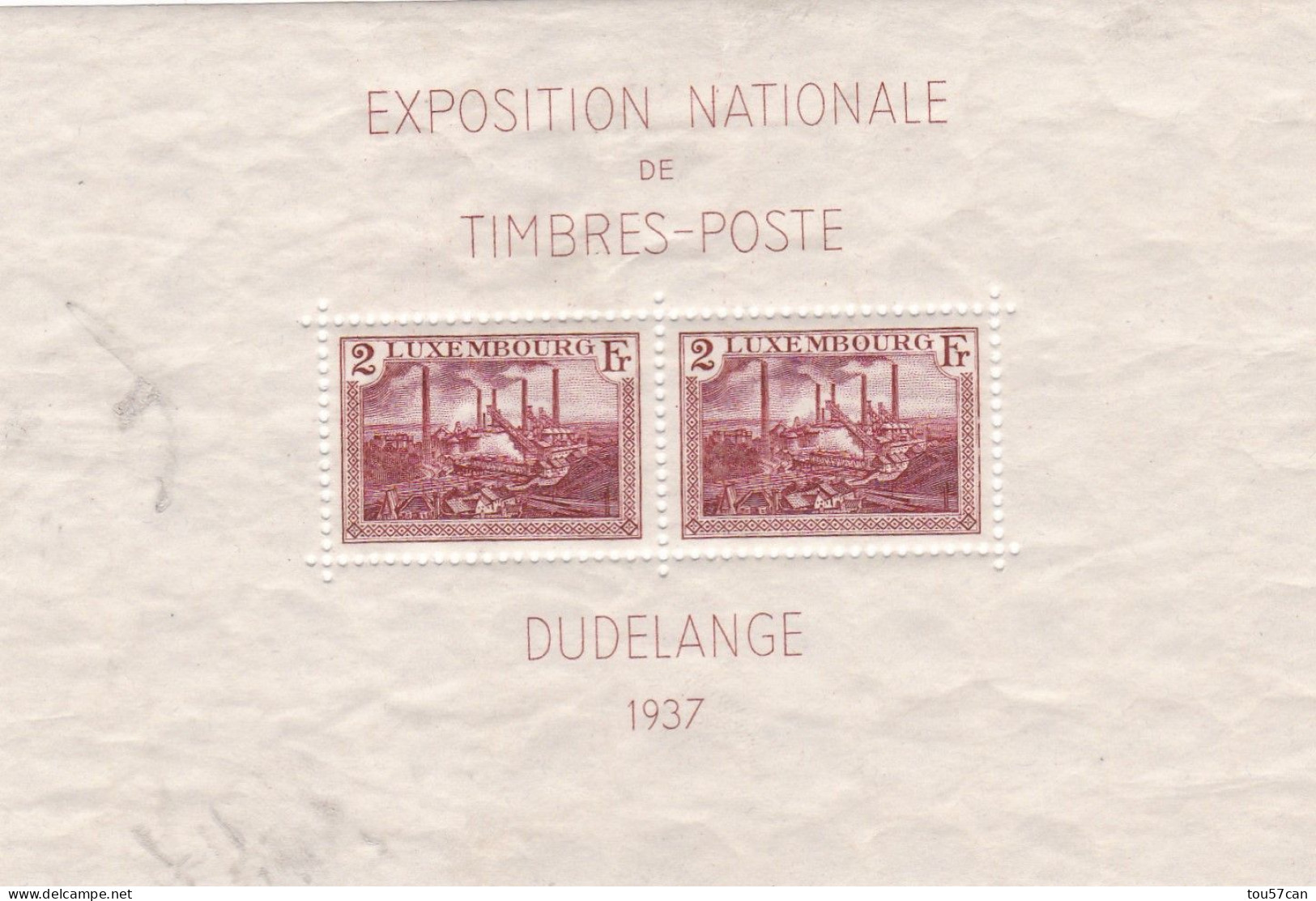 GRAND DUCHE DE LUXEMBOURG - BLOC DE 2 TIMBRES - DUDELANGE 1937 - EXPOSITION NATIONALE DE TIMBRES-POSTE. - Blocs & Feuillets