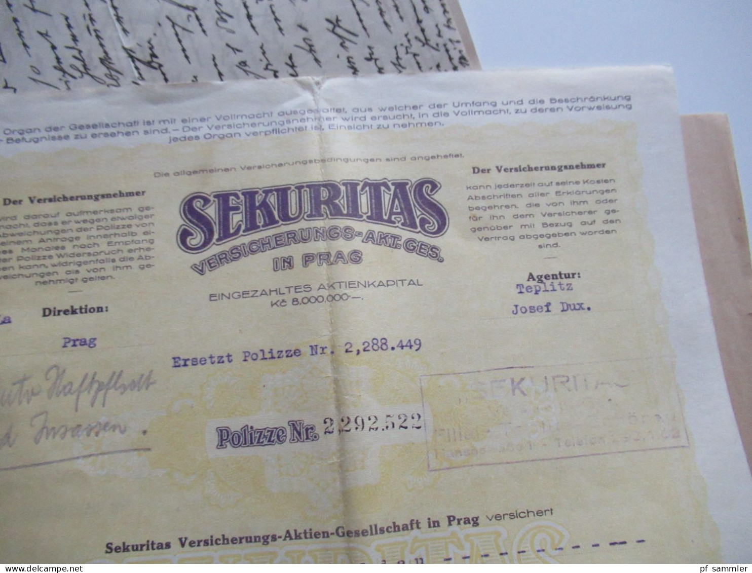 Dokumente 1x Sekuritas Prag Agentur Teplitz 1936 Sonst Einiges Dresden / 1920 / 1930er Jahre / Interessant??!! - Historical Documents