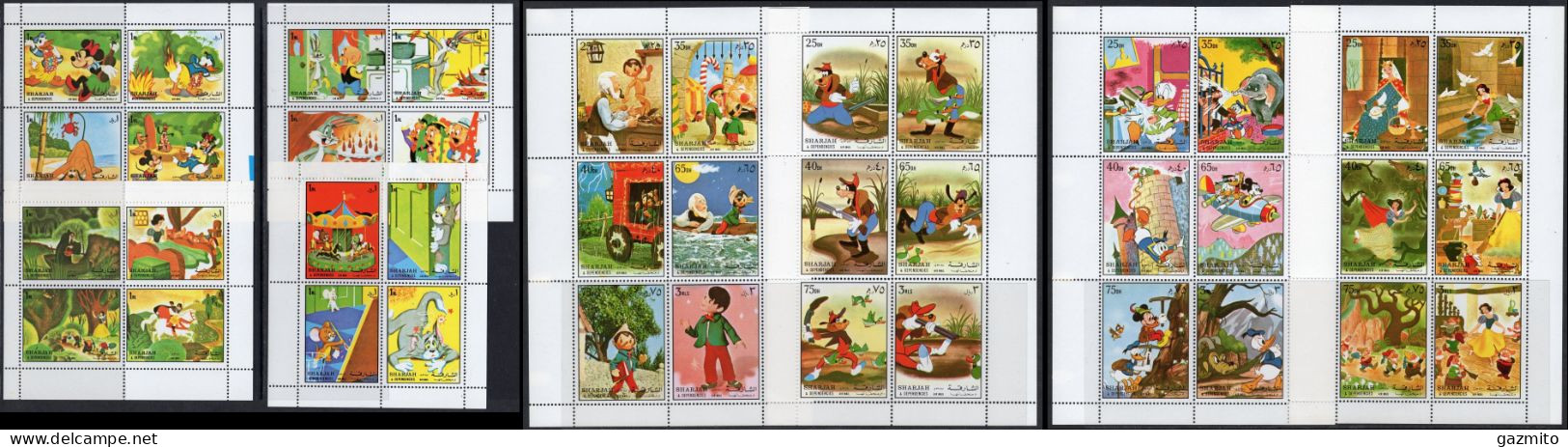 Sharjah 1972, Disney Characters, And Other Cartoons, Cab, Dog, Pinocchio, Hunting, Elephant, Climbing, 40val In 8BF - Schaaldieren