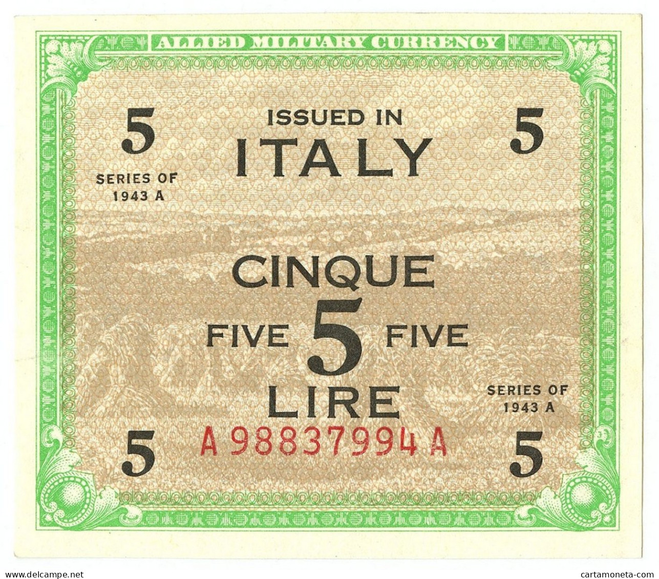 5 LIRE OCCUPAZIONE AMERICANA IN ITALIA BILINGUE FLC A-A 1943 A QFDS - Occupazione Alleata Seconda Guerra Mondiale