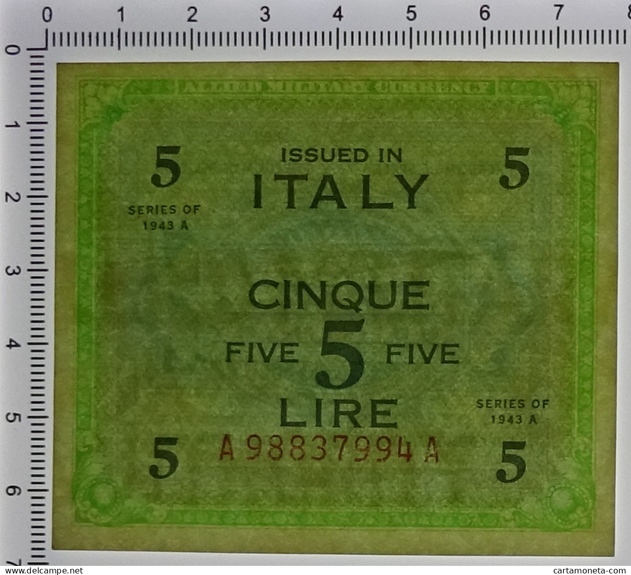 5 LIRE OCCUPAZIONE AMERICANA IN ITALIA BILINGUE FLC A-A 1943 A QFDS - Occupazione Alleata Seconda Guerra Mondiale