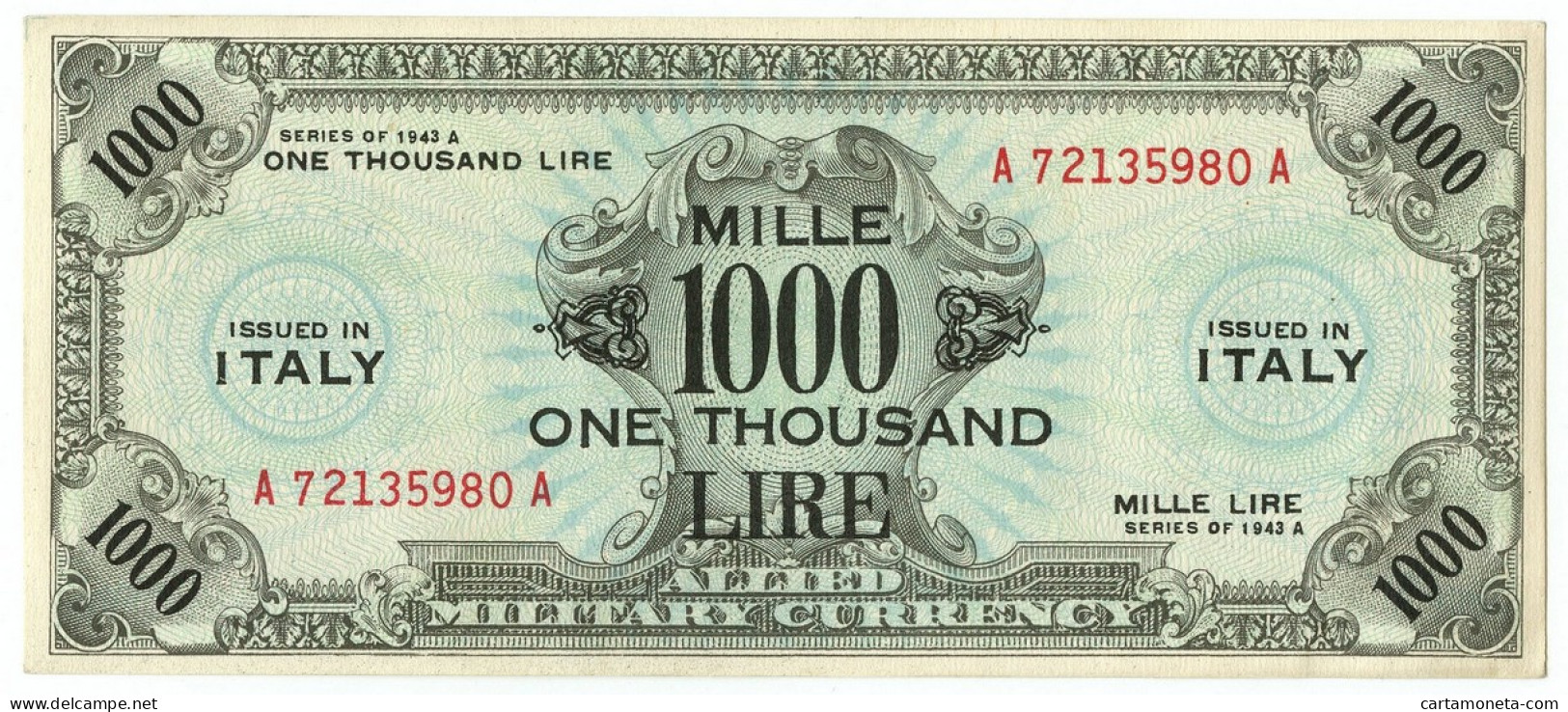 1000 LIRE FALSO D'EPOCA OCCUPAZIONE AMERICANA IN ITALIA BILINGUE FLC 1943 A SUP+ - Occupazione Alleata Seconda Guerra Mondiale