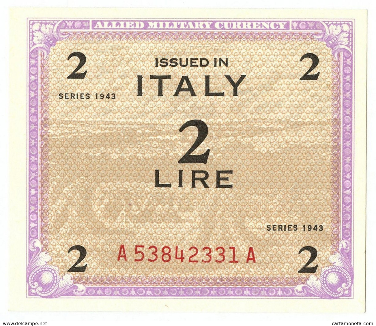 2 LIRE OCCUPAZIONE AMERICANA IN ITALIA MONOLINGUA FLC 1943 FDS-/FDS - Occupazione Alleata Seconda Guerra Mondiale