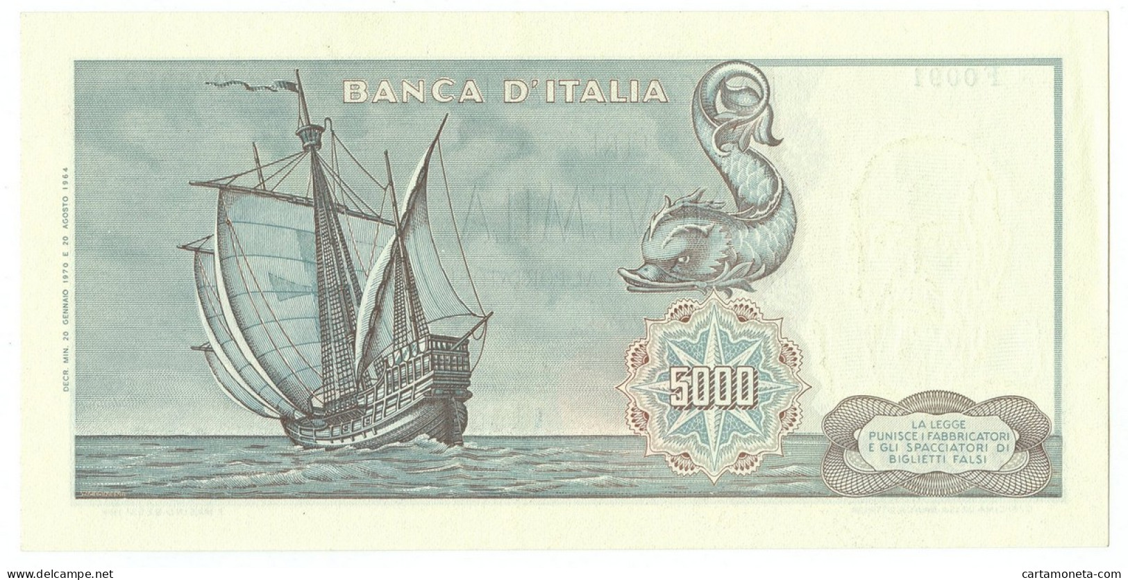 5000 LIRE CRISTOFORO COLOMBO I TIPO MEDUSA 20/01/1970 SUP- - Autres & Non Classés