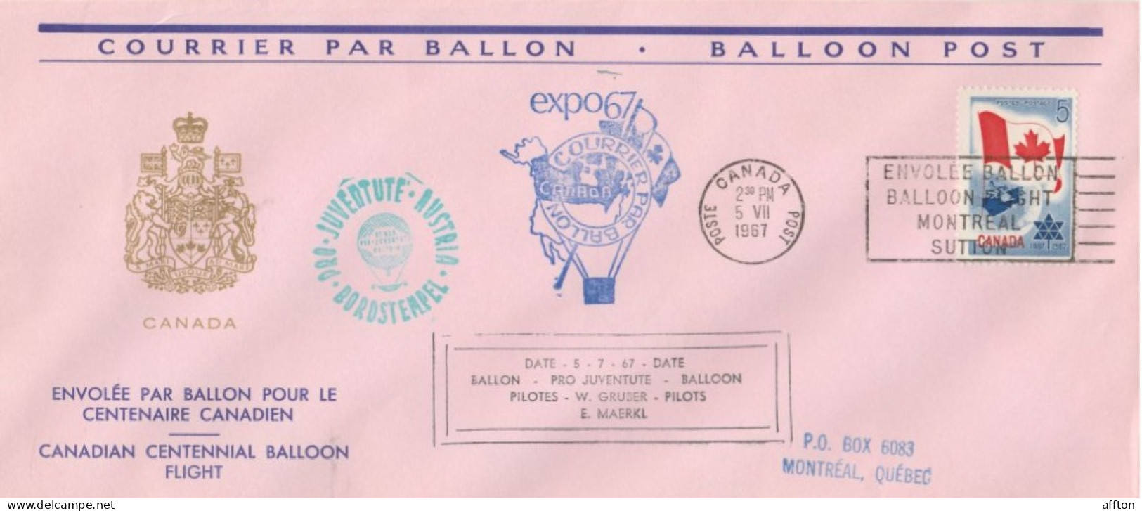 First Balloon Post Flight Montreal Canada 1967 Cover - Brieven En Documenten
