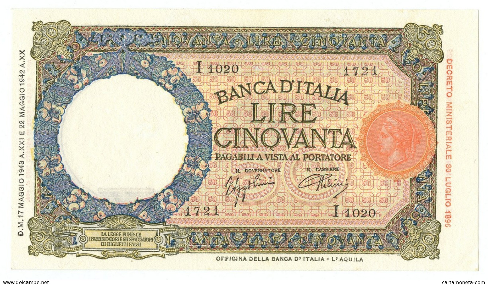 50 LIRE CAPRANESI LUPA CAPITOLINA M. STRETTO FASCIO L'AQUILA 17/05/1943 QFDS - Sonstige