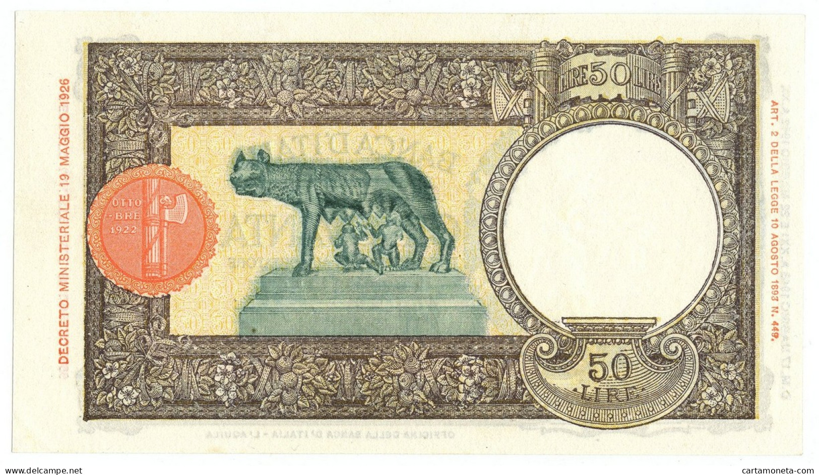 50 LIRE CAPRANESI LUPA CAPITOLINA M. STRETTO FASCIO L'AQUILA 17/05/1943 QFDS - Otros