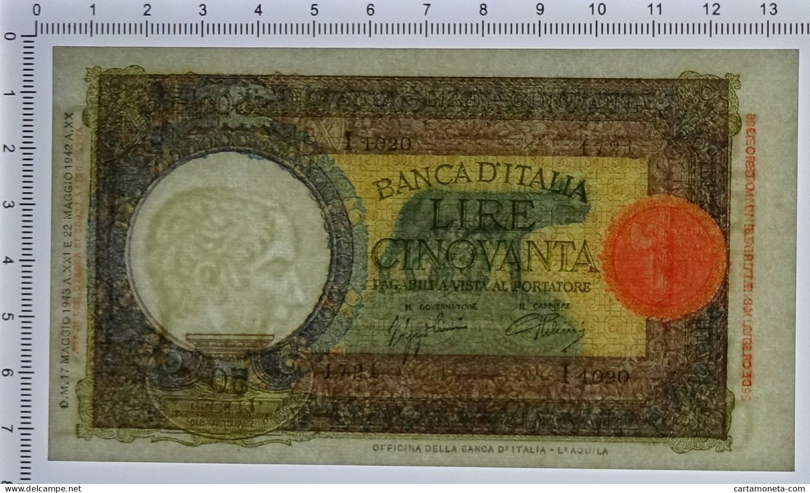 50 LIRE CAPRANESI LUPA CAPITOLINA M. STRETTO FASCIO L'AQUILA 17/05/1943 QFDS - Regno D'Italia - Altri