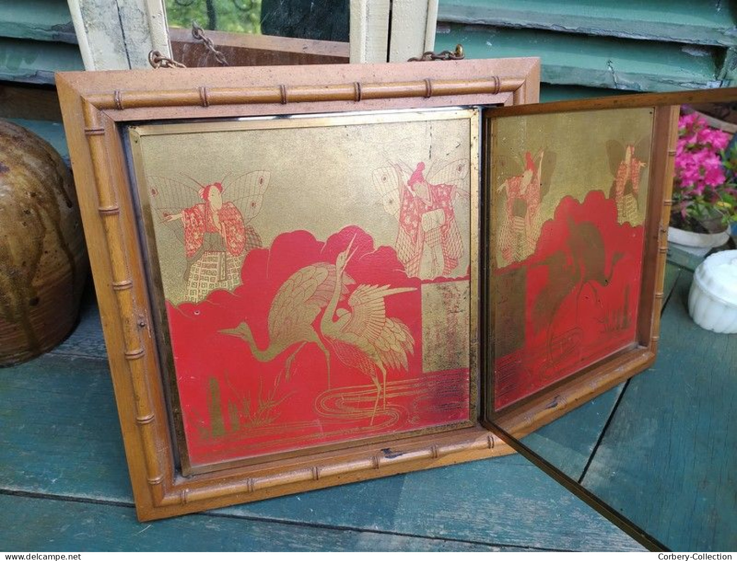 Ancien Miroir Triptyque Japonisant Daté SGDG 1876.