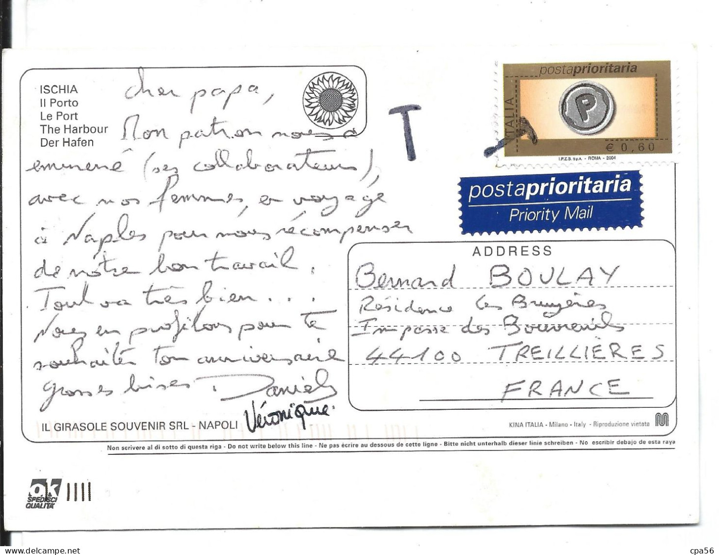 Carte Postale Italienne ITALIA - Timbre Ayant échappé à L'oblitération Annulé à L'arrivée TREILLIERES 44 - 1960-.... Lettres & Documents