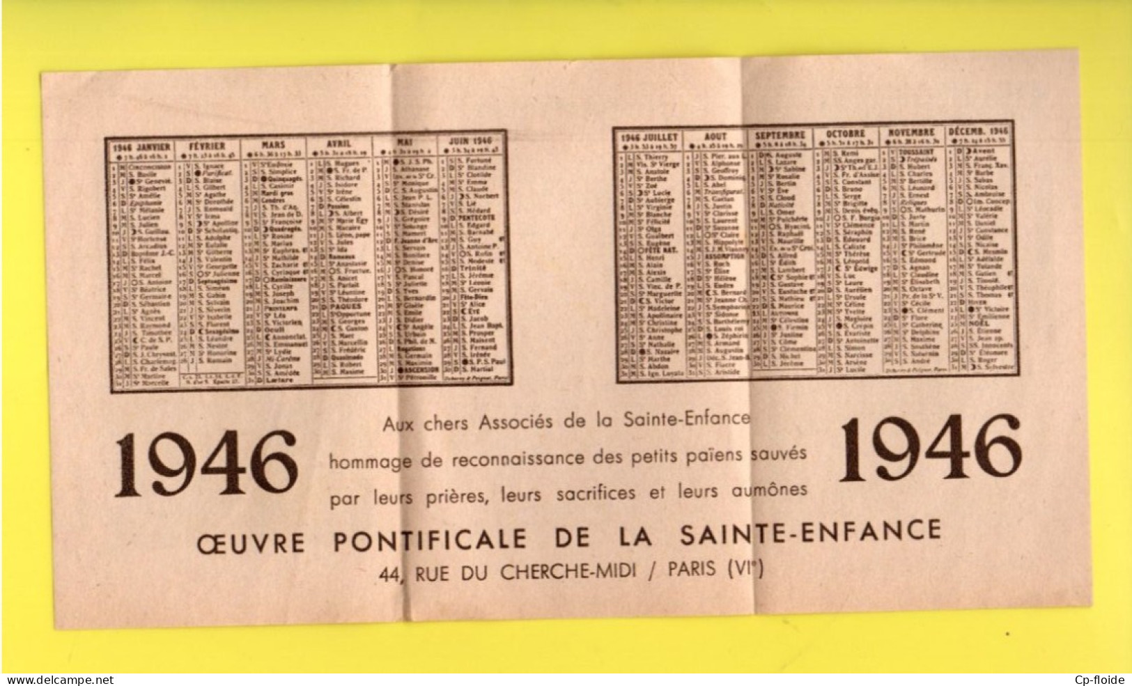 IMAGE PIEUSE . RELIGIEUSE . CALENDRIER 1946 . " OEUVRE PONTIFICALE DE LA SAINTE-ENFANCE - Réf. N°38343 - - Petit Format : 1961-70