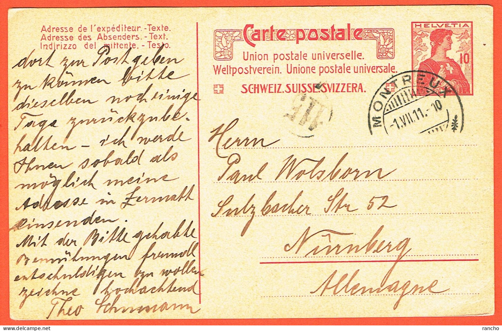 SUISSE . CARTE POSTALE . OBLITERE . MONTREUX .1.7.1911. Pour . NÜRNBERG . ALLEMAGNE . - Entiers Postaux