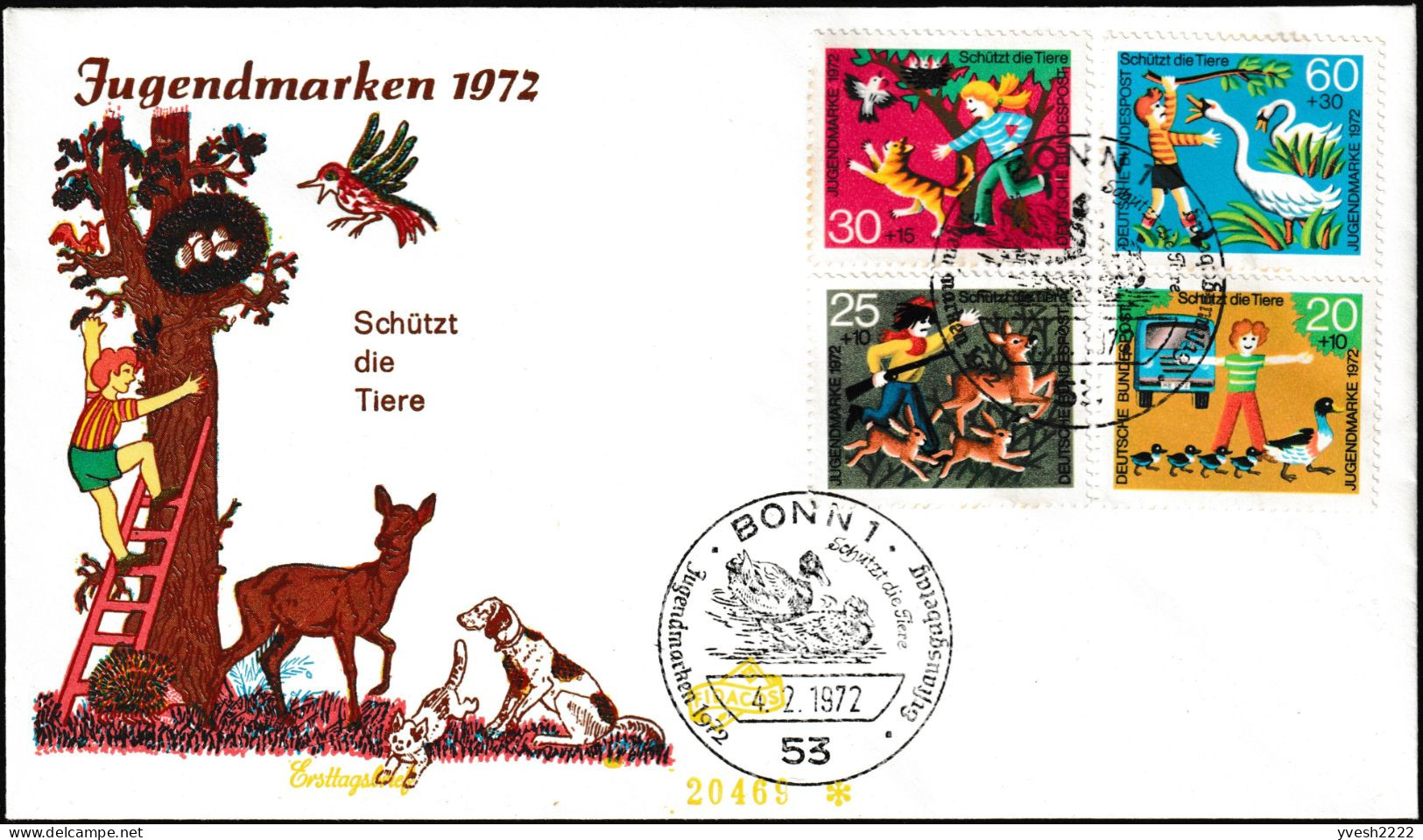 Allemagne 1972 Y&T 560 à 563. Pour La Jeunesse, Animaux. Canards Traversant La Route, Chasseur, Chevreuils, Chat, Oiseau - Gansos