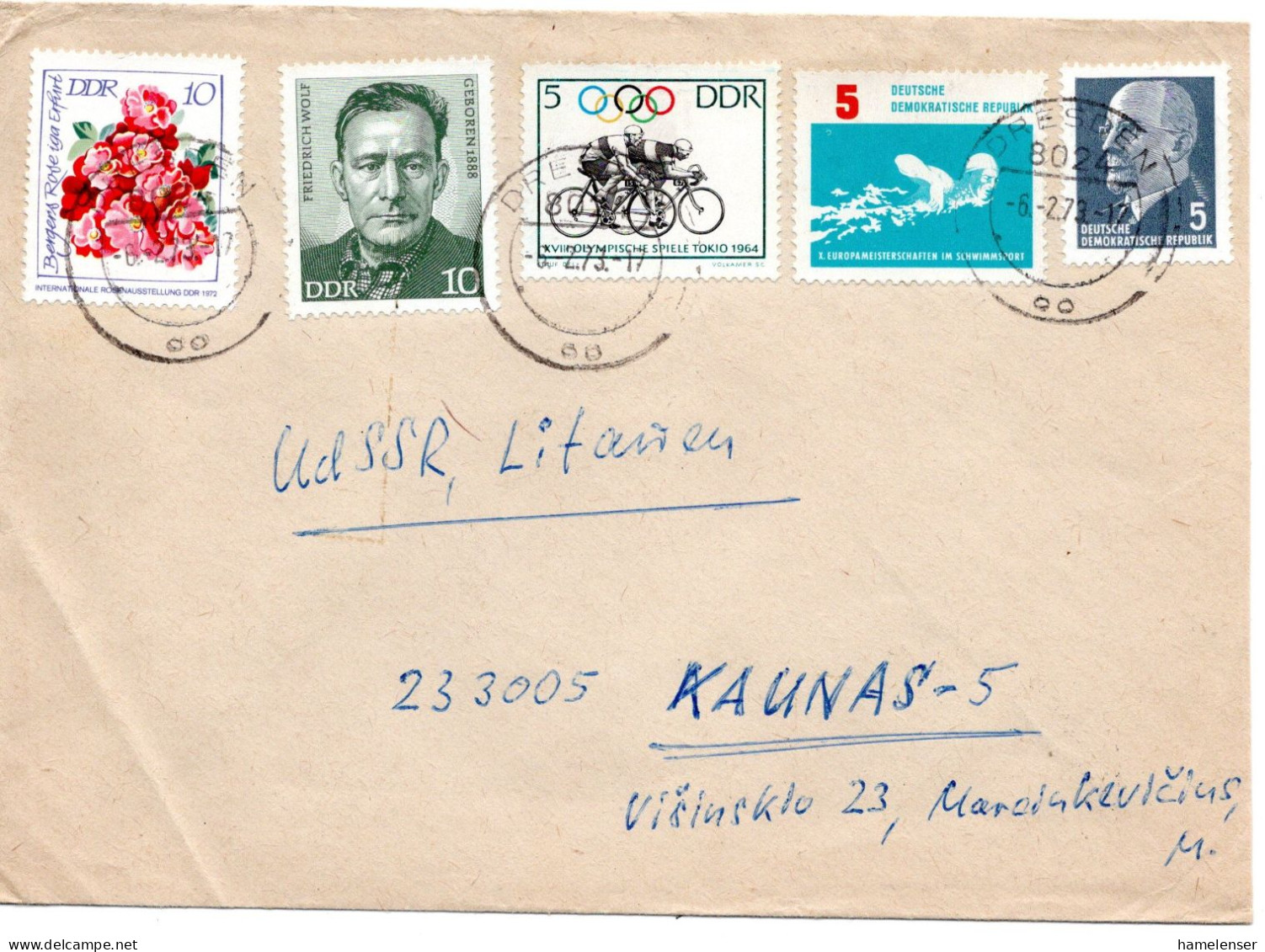 61808 - DDR - 1973 - 10Pfg Rosen MiF A Bf DRESDEN -> KAUNAS (UdSSR) - Briefe U. Dokumente