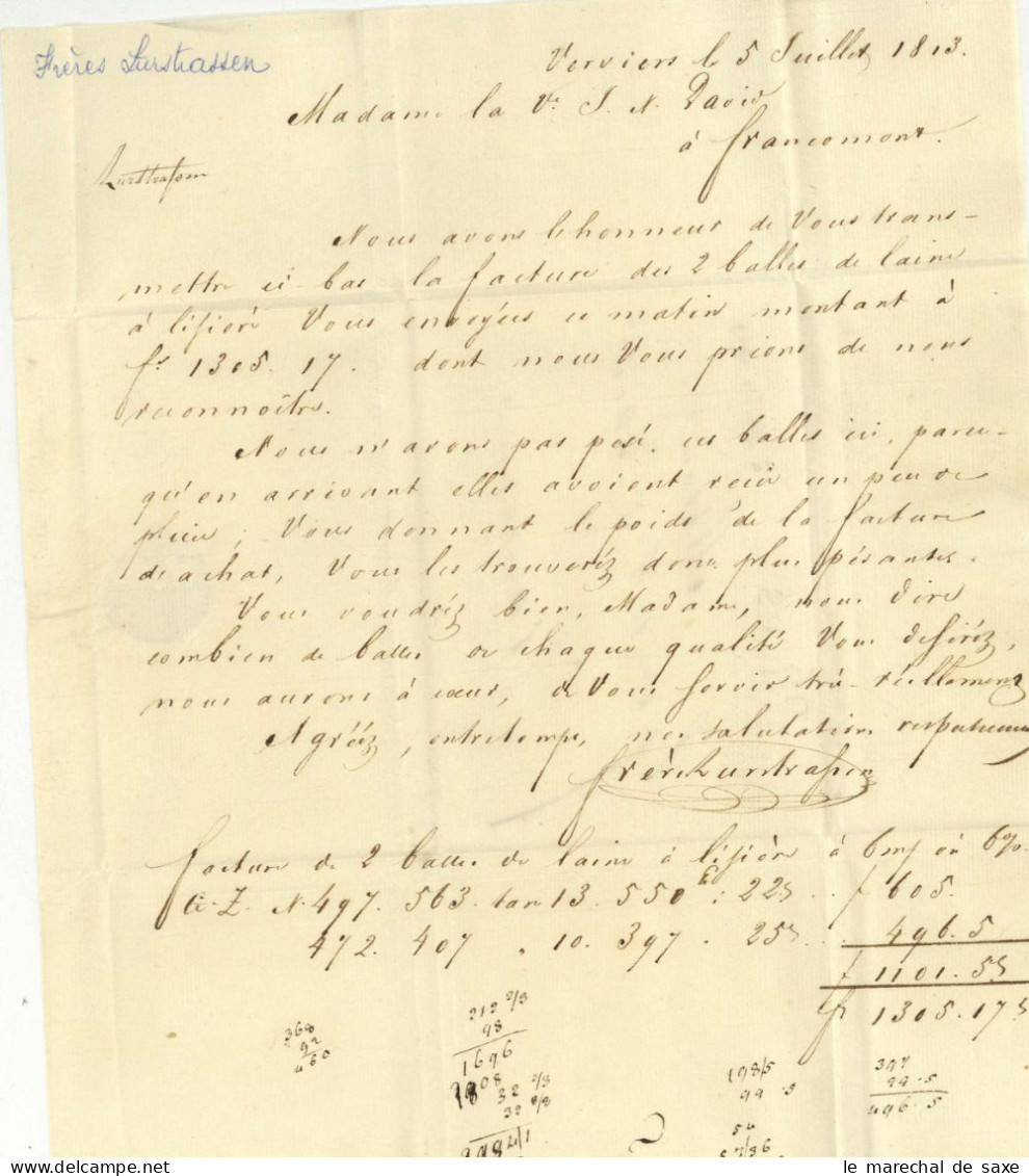 96 VERVIERS 5 Juillet 1813 Pour Francomont - 1792-1815: Dipartimenti Conquistati