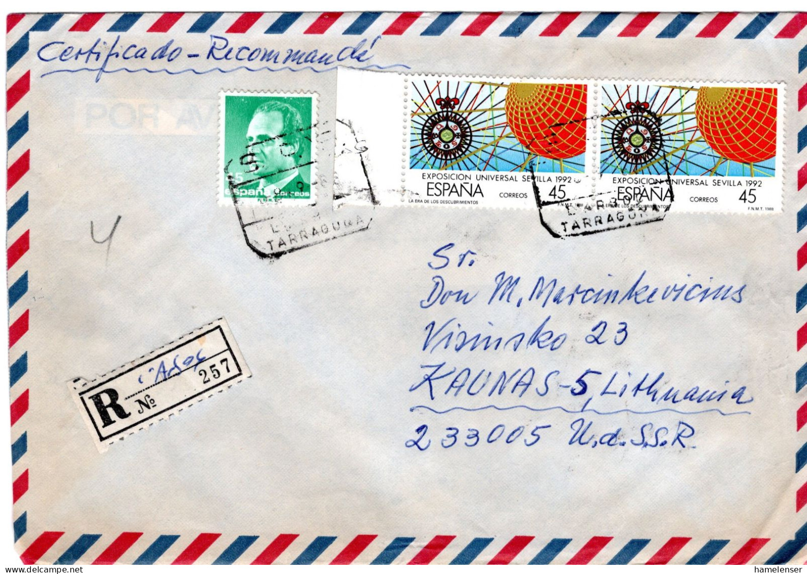 61809 - Spanien - 1988 - 2@45Ptas EXPO '92 MiF A R-LpBf TARRAGONA -> KAUNAS (UdSSR), U Etw Verfaerbt - Briefe U. Dokumente