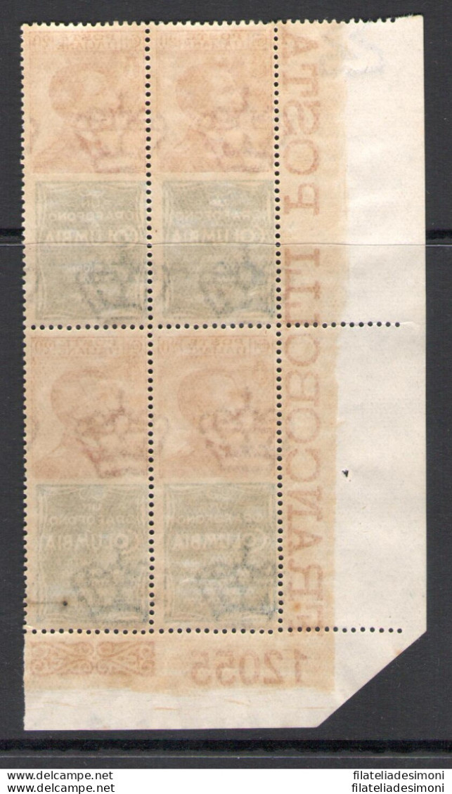 1924 Regno D'Italia, Pubblicitario N. 20, 20 Cent Columbia Arancio E Brunastro Verde, Blocco Di Quattro Con Numero Di Ta - Reclame