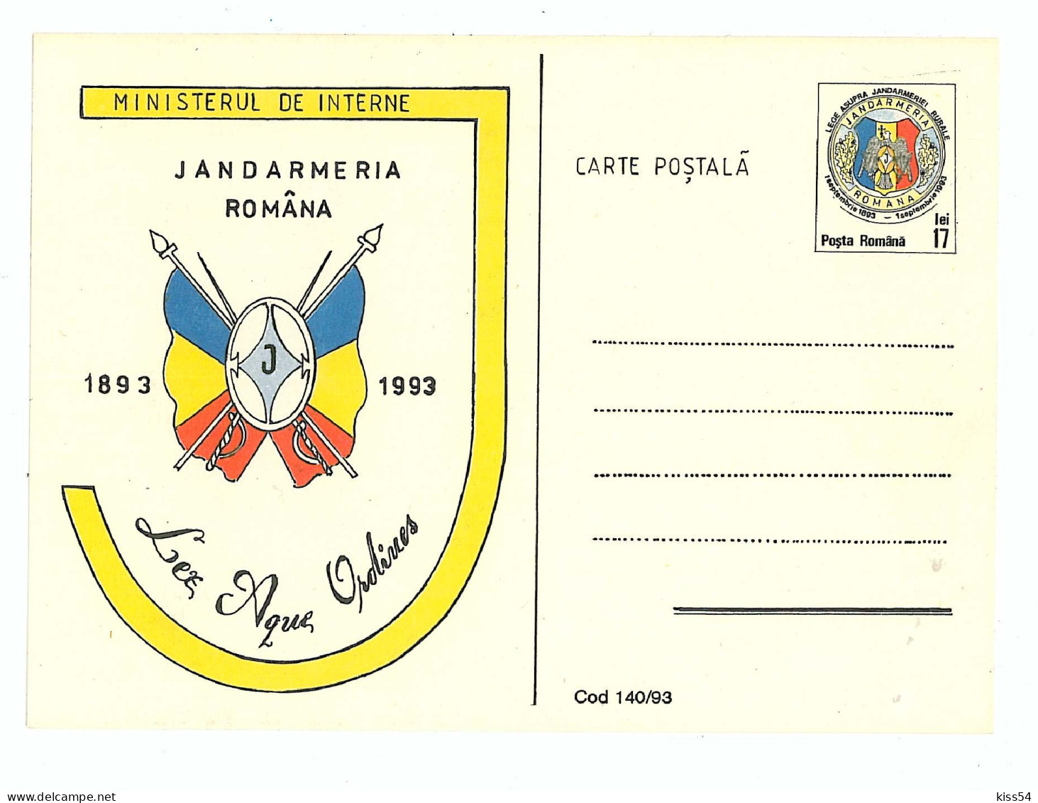 IP 93 - 140 Centenary Gendarmerie, Romania - Stationery - Unused - 1993 - Police - Gendarmerie