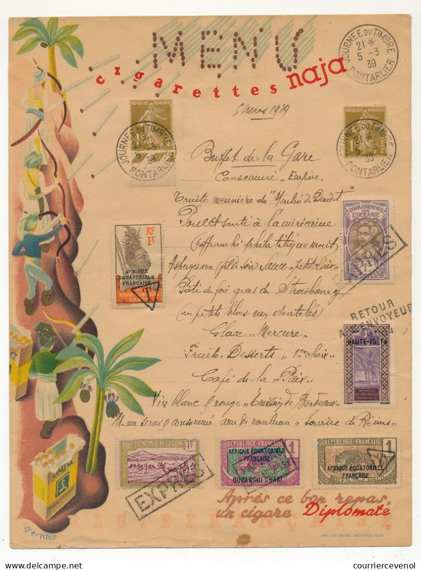 FRANCE - Journée Du Timbre 1939 PONTARLIER - MENU Cigarettes Naja - 1c Semeuse + 6 TP Colonies Annulés... - Tag Der Briefmarke