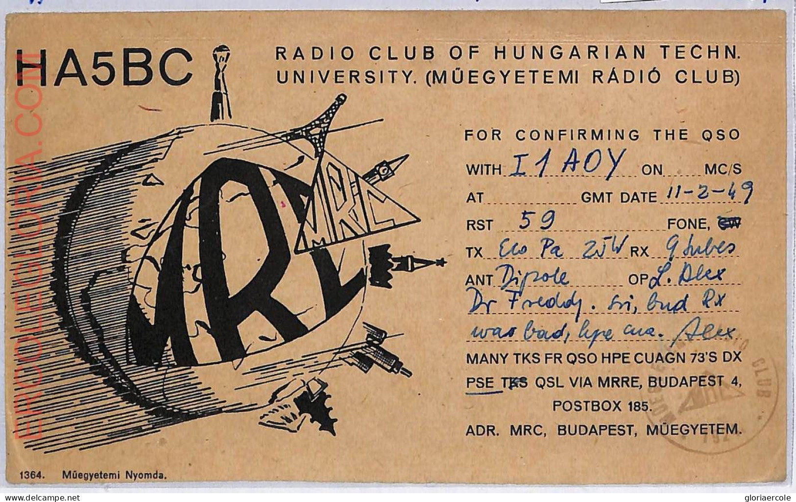 Ad9183 - HUNGARY - RADIO FREQUENCY CARD - Budapest -  1949 - Radio