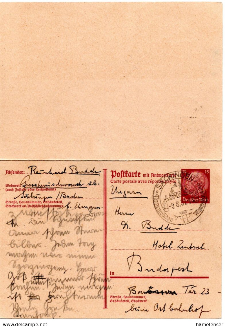 61847 - Deutsches Reich - 1937 - 15Pfg Hindenburg GAAntwKte Kpl SAECKINGEN -> Ungarn, Antwortteil Ungebr - Briefe U. Dokumente