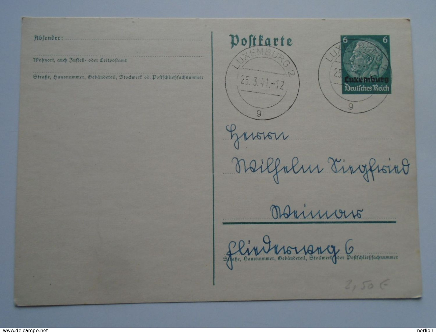 D200544  Luxemburg 1941 -  Ganzsache  Postal Stationery With  Ovpt Deutsches Reich - 1940-1944 Occupazione Tedesca