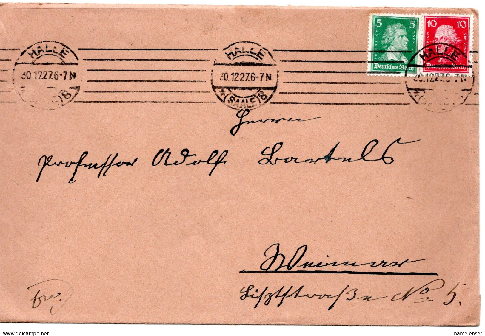 61895 - Deutsches Reich - 1927 - 10Pfg Friedrich MiF A Bf HALLE -> Weimar - Briefe U. Dokumente