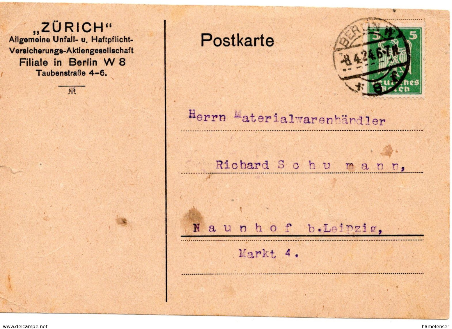 61896 - Deutsches Reich - 1924 - 5Pfg Adler EF A Kte BERLIN -> Naunhof - Lettres & Documents