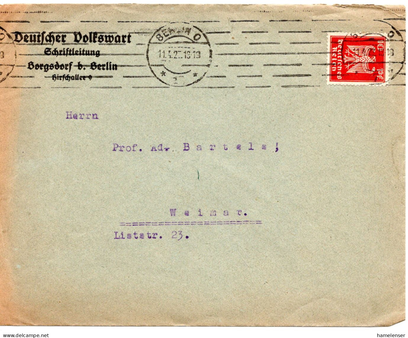 61897 - Deutsches Reich - 1927 - 10Pfg Adler EF A Bf BERLIN -> Weimar - Cartas & Documentos