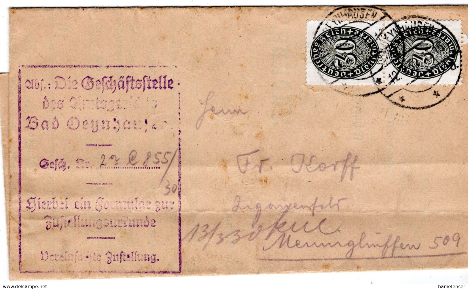 61900 - Deutsches Reich / Dienst - 1930 - 2@30Pfg A ZU-FaltBf BAD OEYNHAUSEN -> Mennighüffen - Dienstmarken