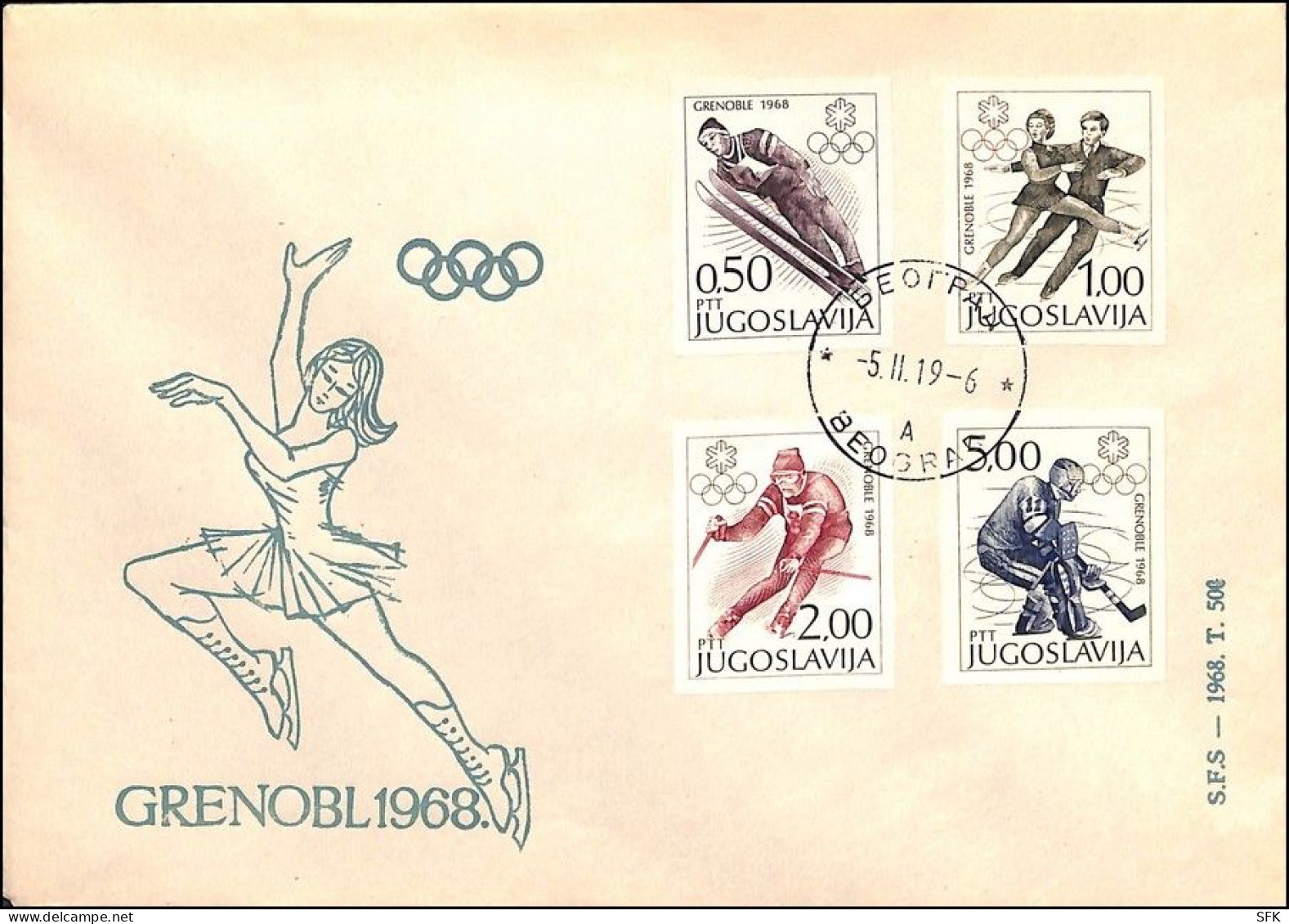 1968 IMPERFORATED SET OLYMPIC GAMES GRENOBLE With Belgrade Cancel On Appropriate Envelope VF. - Non Dentelés, épreuves & Variétés