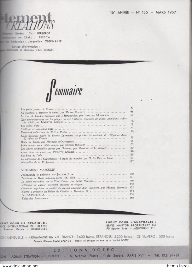 Revue De Mode  Editions DOTEC Paris ; VETEMENTS CREATIONS N°155   Mars 1957   (CAT7038) - Mode