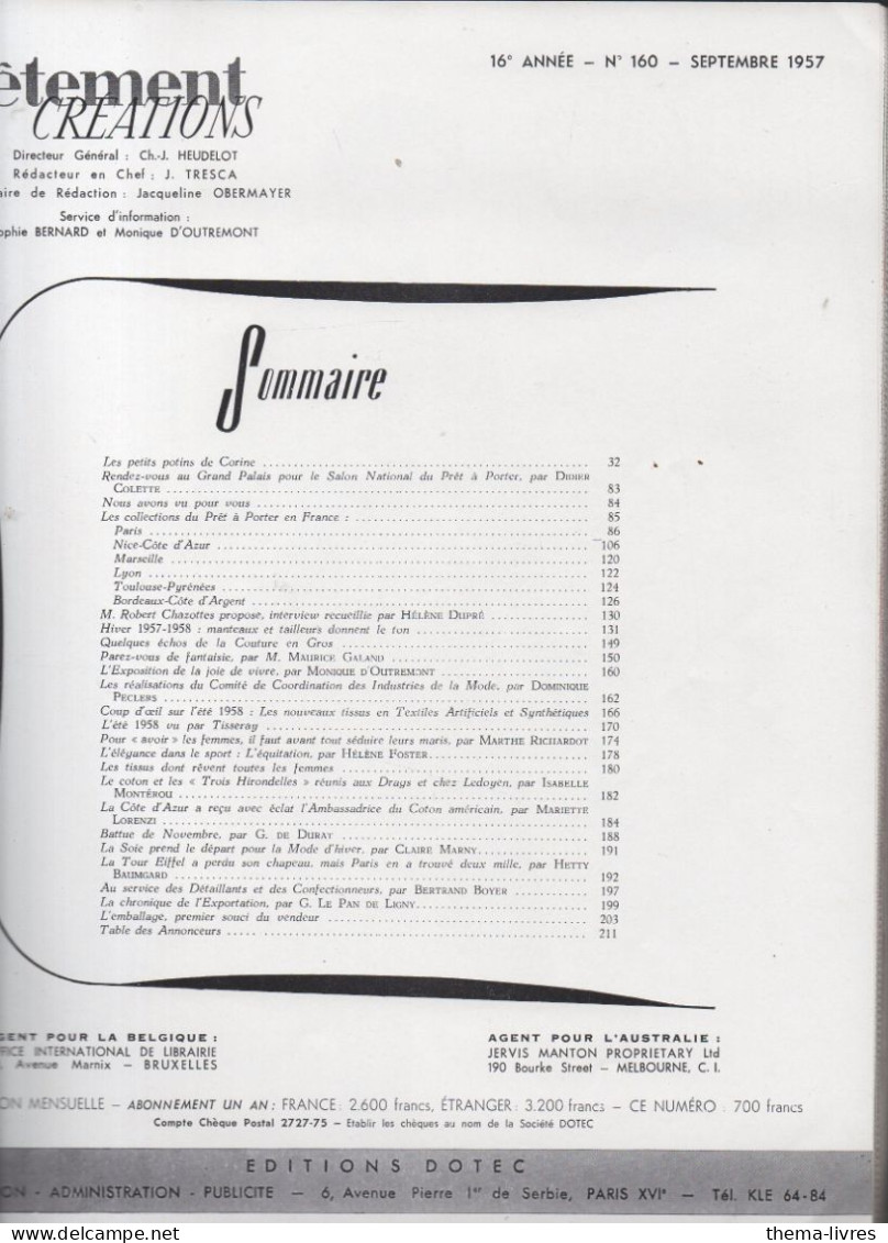 Revue De Mode  Editions DOTEC Paris ; VETEMENTS CREATIONS N°160   Septembre 1957   (CAT7039) - Mode