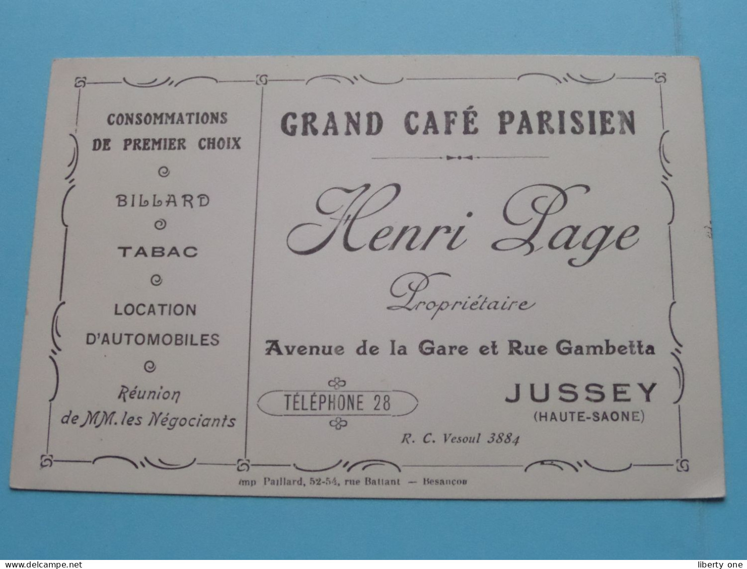 Grand Café Parisien " HENRI PAGE " > JUSSEY ( Haute Saone ) Tél 28 ( Voir / Zie SCAN ) FRANCE ! - Cartoncini Da Visita