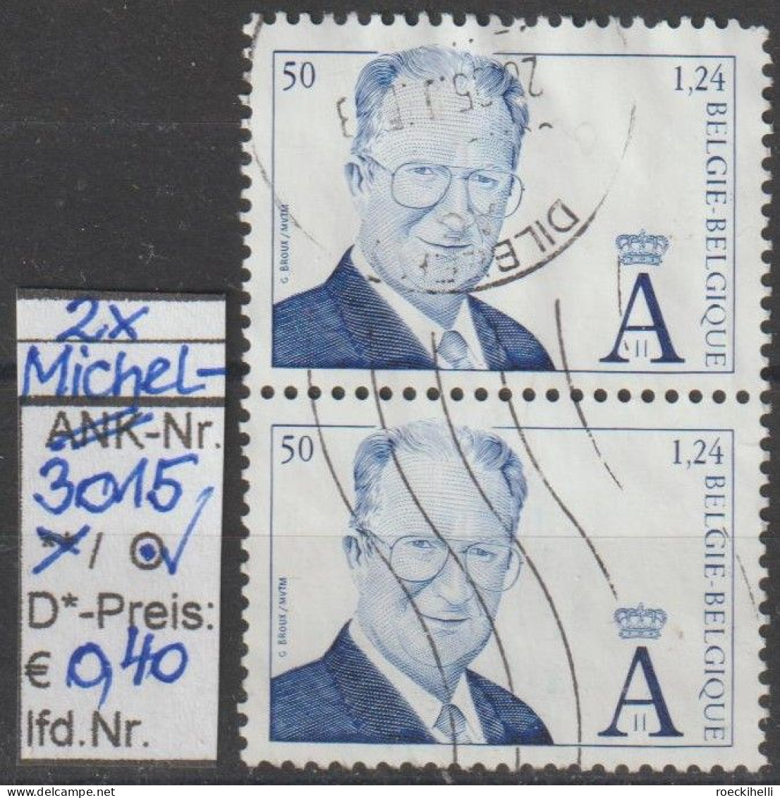 2000 - BELGIEN - FM/DM "König Albert II." 50 Fr / € 1,24 Dkl'violettblau  - 2x O Gestempelt - S.Scan (3015o X2 Be) - 1993-2013 König Albert II (MVTM)