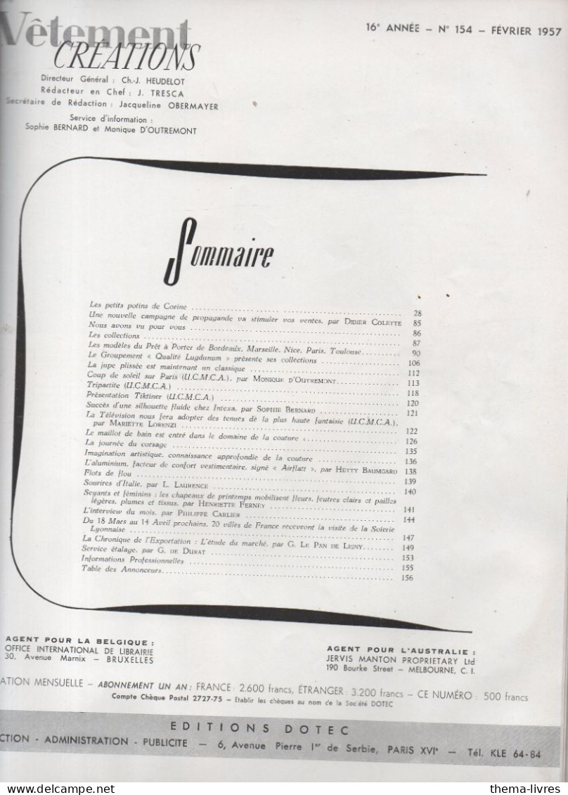 Revue De Mode  Editions DOTEC Paris ; VETEMENTS CREATIONS N°154   Février 1957   (CAT7040 - Mode