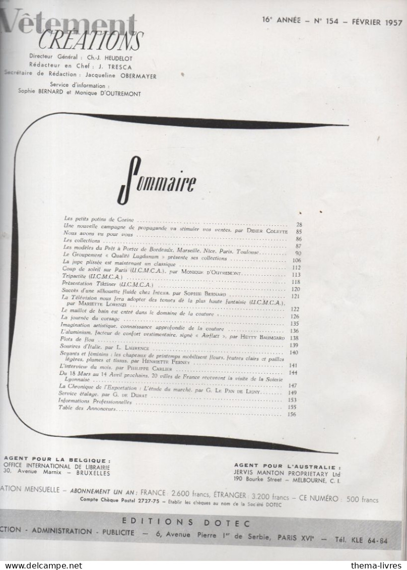 Revue De Mode  Editions DOTEC Paris ; VETEMENTS CREATIONS N°154   Février 1957   (CAT7040 - Fashion