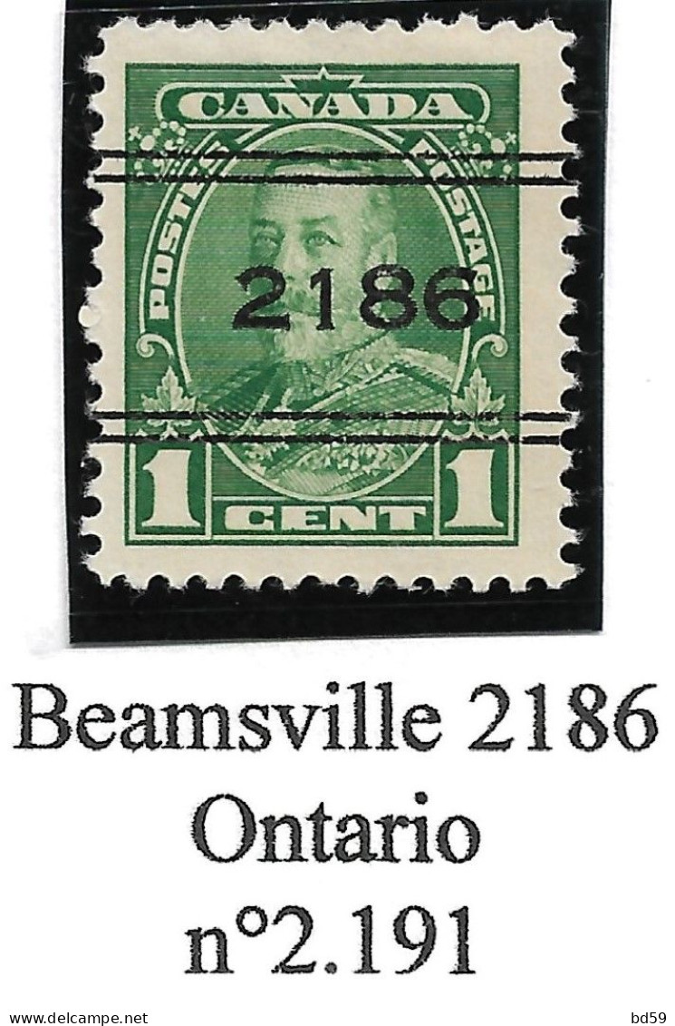 CANADA Préoblitérés Precancels Beamsville 2186 Ontario N° 2.191 - Preobliterati