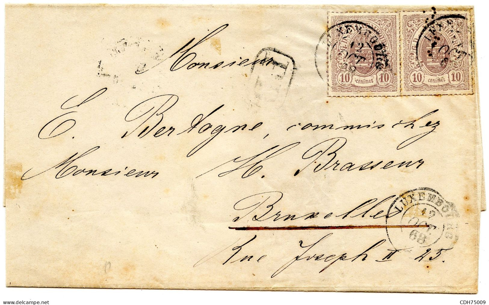 LUXEMBOURG - 10C PERCE EN LIGNES PAIRE SUR LETTRE DE LUXEMBOURG POUR BRUXELLES, 1863 - 1859-1880 Wapenschild