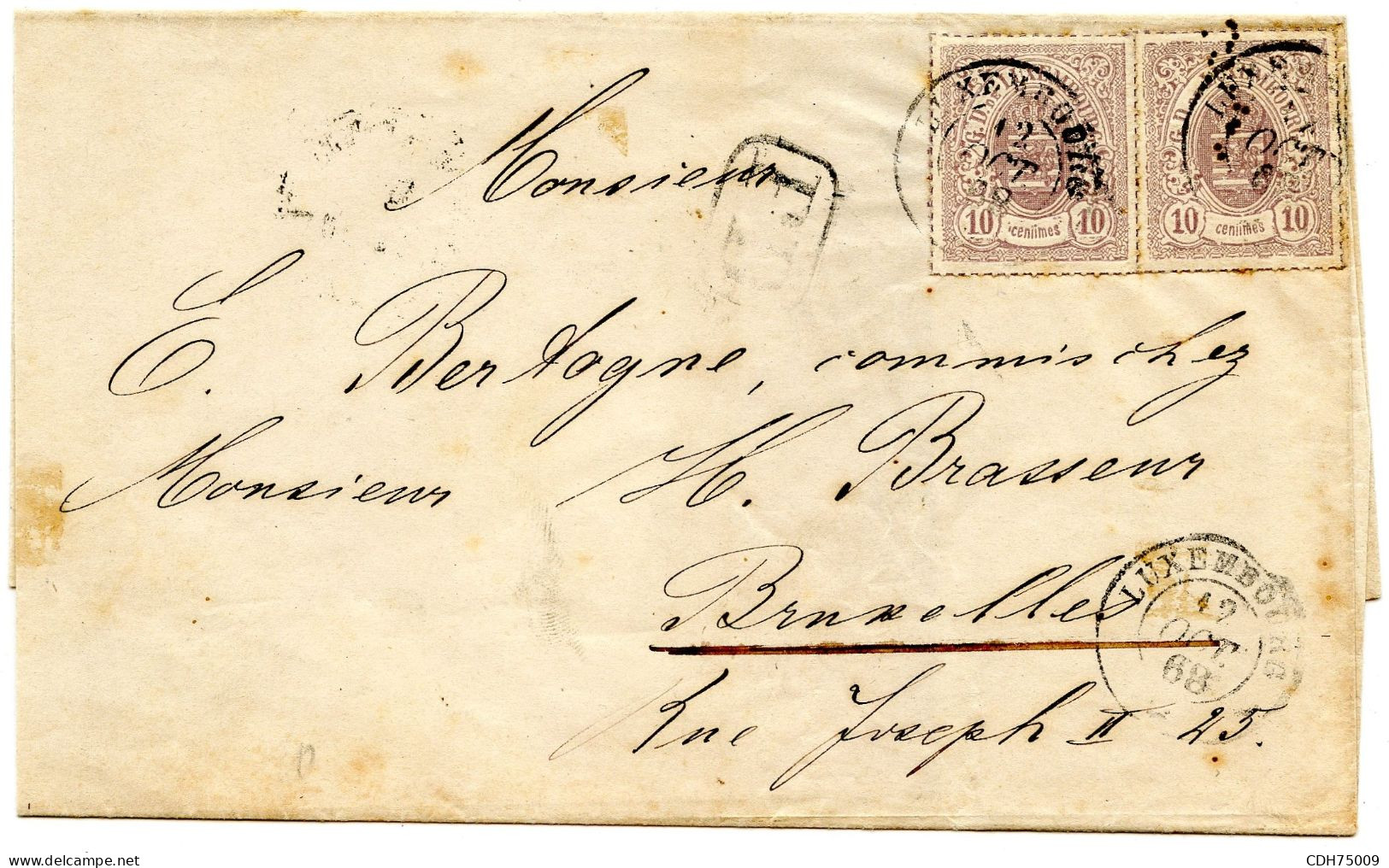 LUXEMBOURG - 10C PERCE EN LIGNES PAIRE SUR LETTRE DE LUXEMBOURG POUR BRUXELLES, 1863 - 1859-1880 Armarios