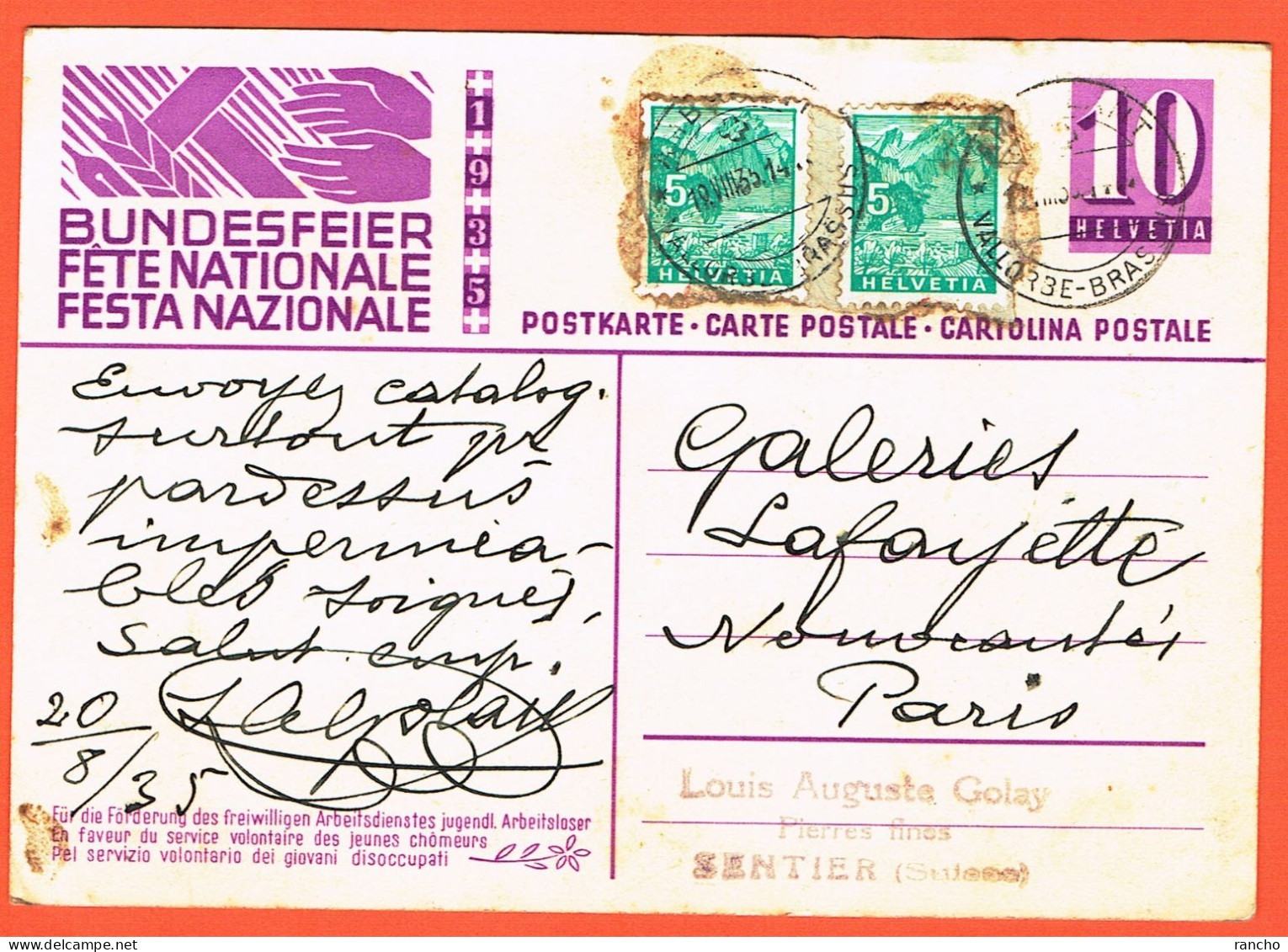 SUISSE . CARTE POSTALE . OBLITERE . +2xTIMBRES Nr:195. AMBULANT VALLORBE-BRASSUS .19.8.1935. Pour . PARIS . FRANCE . - Entiers Postaux