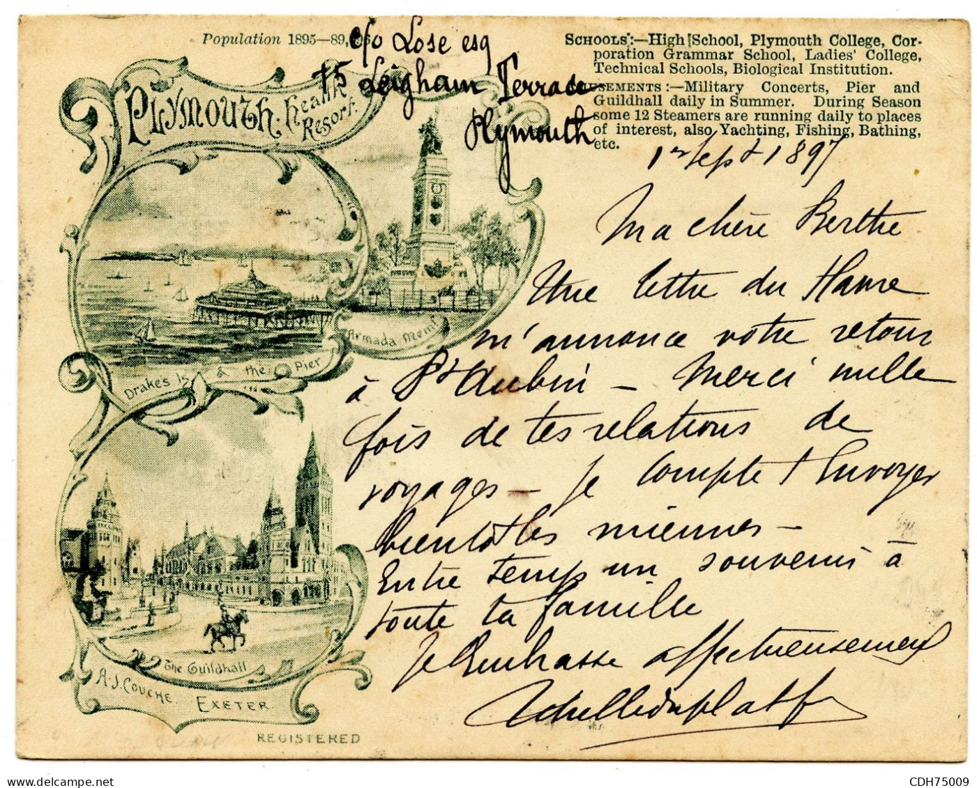 GRANDE BRETAGNE - SG 57 SUR CARTE POSTALE ILLUSTREE DE PLYMOUTH POUR ELBEUF, 1897 - Briefe U. Dokumente