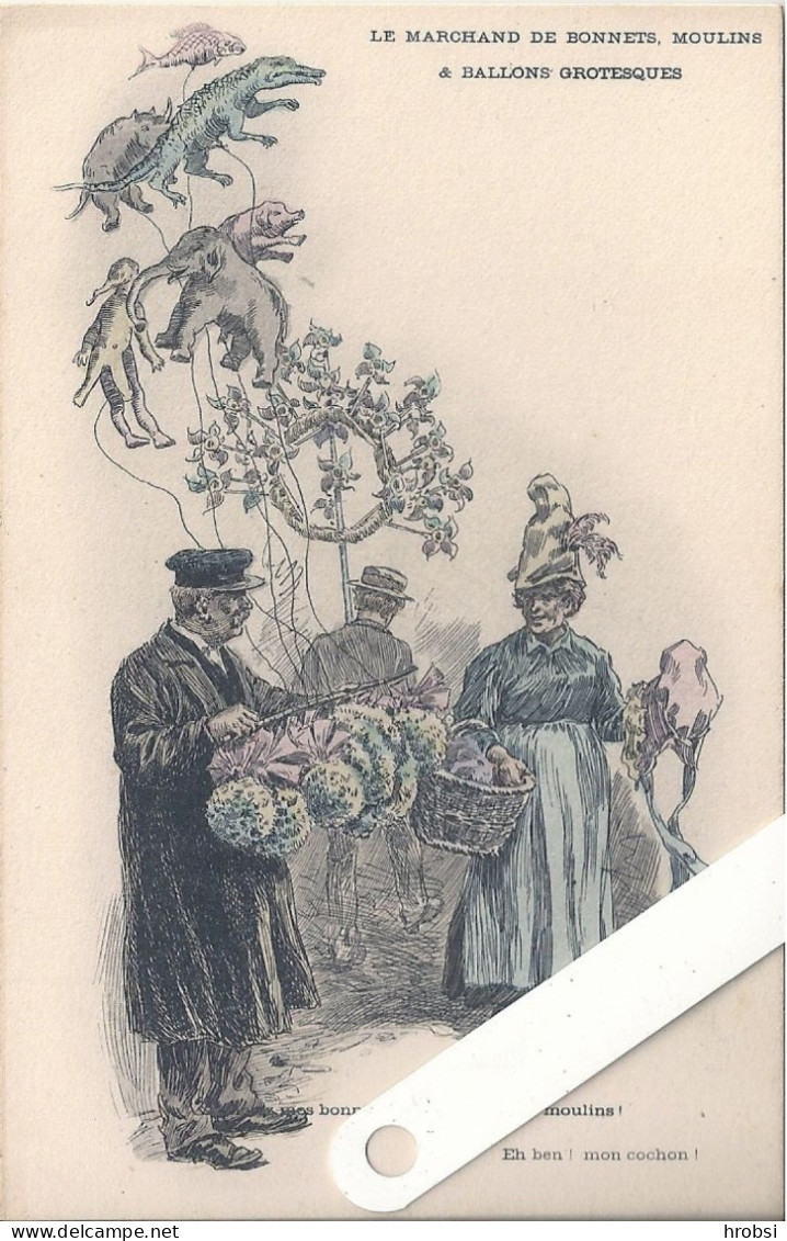 Illustrateur Kauffmann Paul,, Métiers Paris ,  Marchand De Bonnets, Moulins Et Ballons Grotesques - Kauffmann, Paul