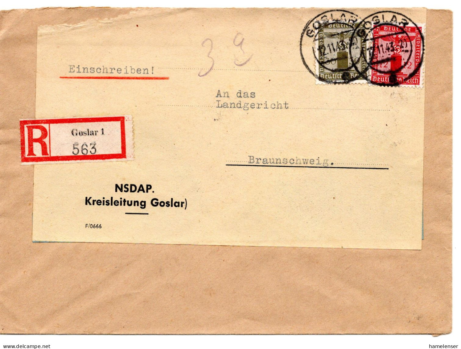 61913 - Deutsches Reich / Dienst - 1943 - 30Pfg Partei-Dienst MiF A R-Bf GOSLAR -> BRAUNSCHWEIG, Abs: NSDAP-Kreisleitung - Dienstzegels